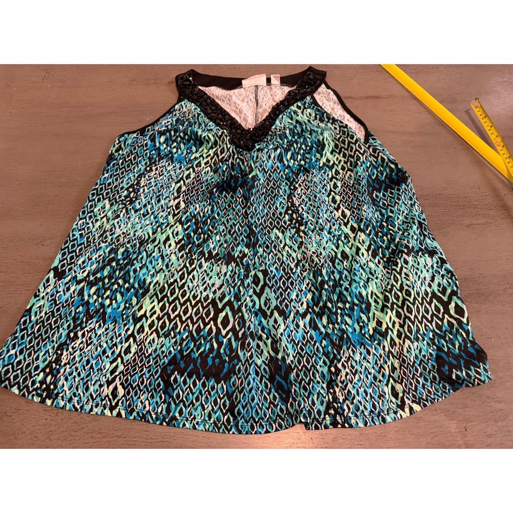 Avenue Womens Beaded V-Neck Tank Top Blue Green Snakeskin Print Plus Size 18/20